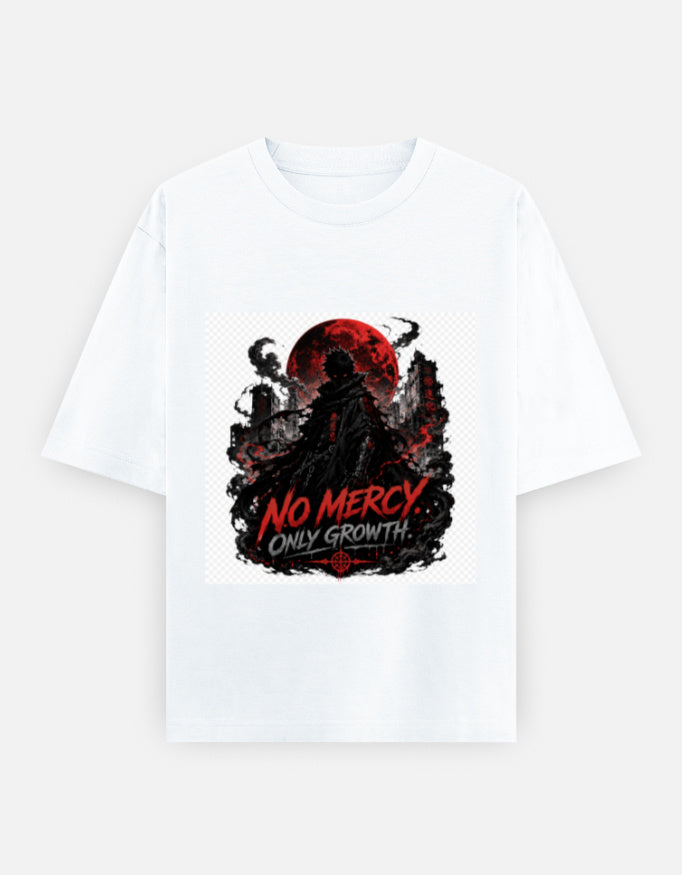 Oversized crew-neck tee, white, front “NO MERCY” graphic with red moon and skull