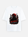 Oversized crew-neck tee, white, front “NO MERCY” graphic with red moon and skull