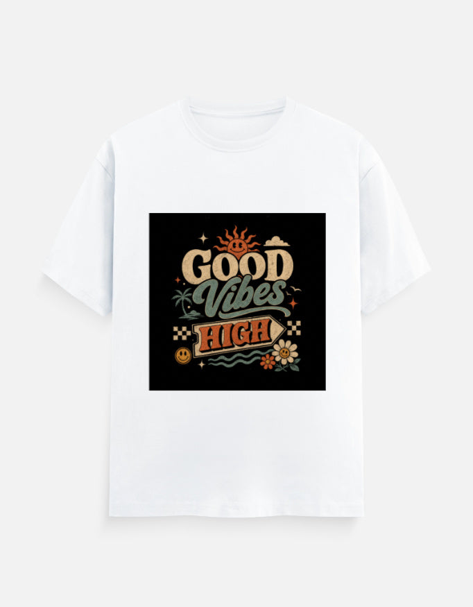 White crew neck T-shirt with "Good Vibes High" graphic print on chest