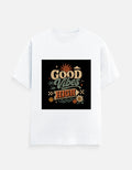 White crew neck T-shirt with "Good Vibes High" graphic print on chest