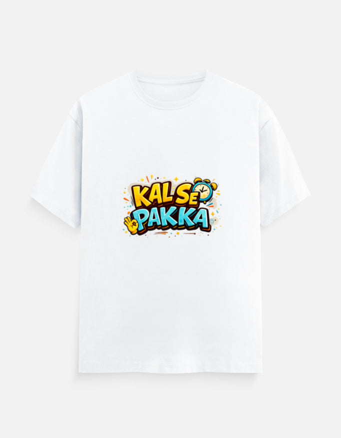 White crew T-shirt with front 'KAL'SE PAKKA' graphic, round neck