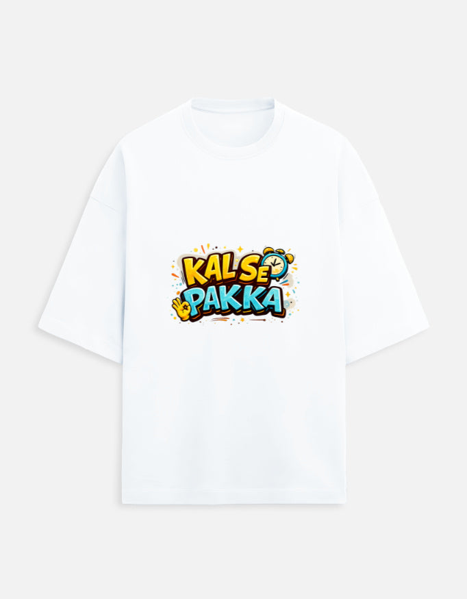 Unisex terry oversized tee, white, front “KAL’S E PAKKA” graphic print