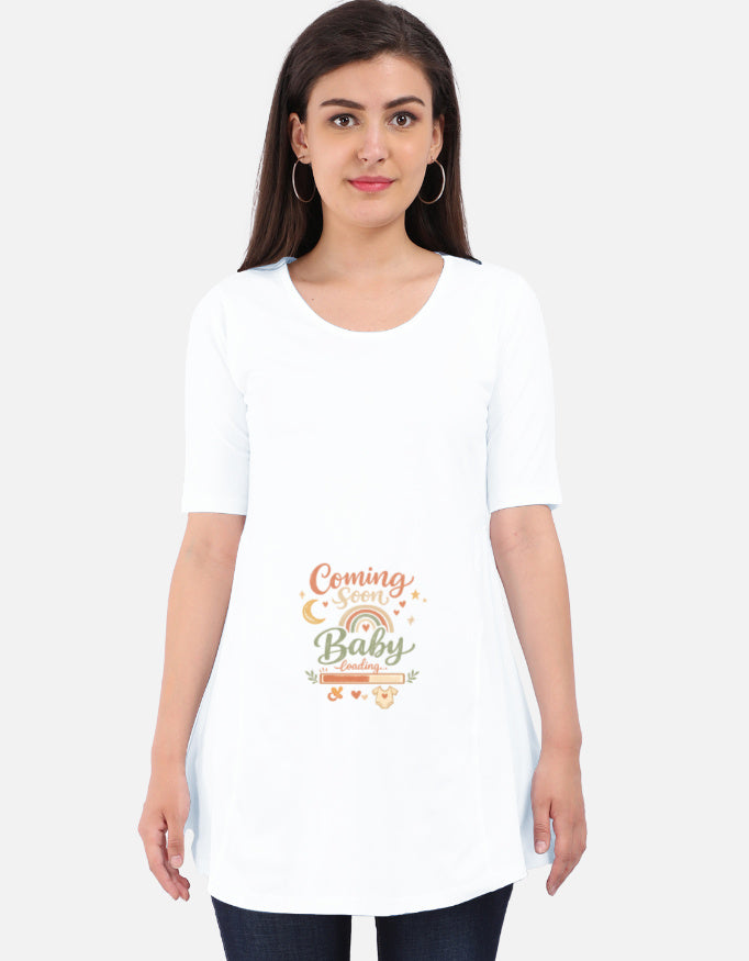 White maternity dress tee with 3/4 sleeves, 'Coming soon Baby' front graphic
