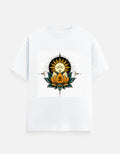 White crew-neck T-shirt with front lotus meditation graphic print.