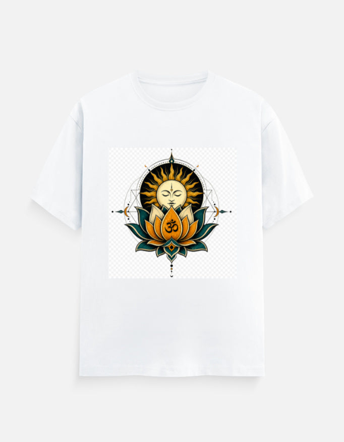 White crew-neck T-shirt with front lotus meditation graphic print.