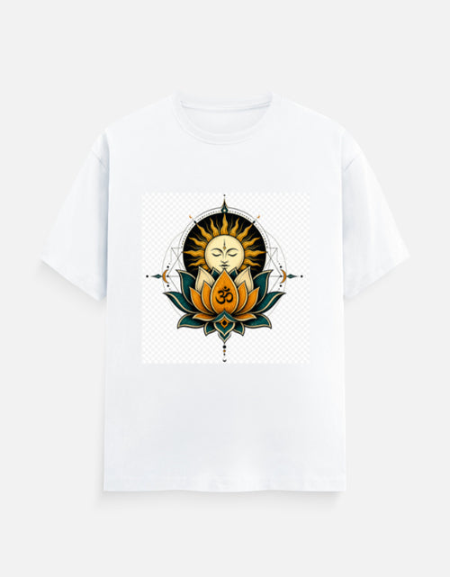 White crew-neck T-shirt with front lotus meditation graphic print.