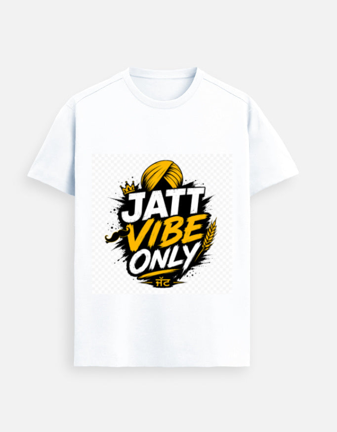 White graphic crewneck T-shirt with “JATT VIBE ONLY” front print in yellow and black
