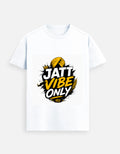 White graphic crewneck T-shirt with “JATT VIBE ONLY” front print in yellow and black