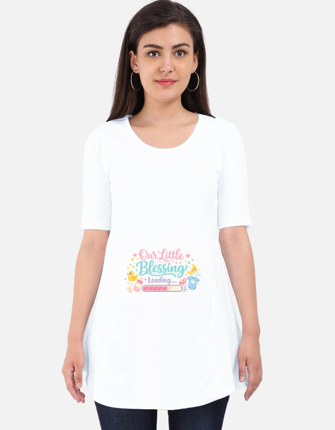 White maternity tunic dress, scoop neck, 3/4 sleeves, “Our Little Blessing” print