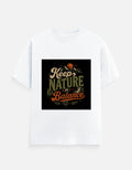 White crew-neck T-shirt with 'Keep Nature Balance' nature logo print