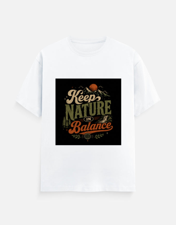 White crew-neck T-shirt with 'Keep Nature Balance' nature logo print