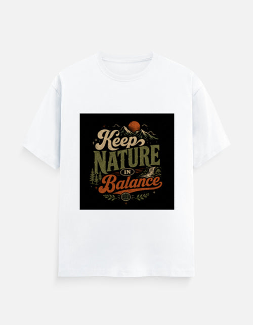 White crew-neck T-shirt with 'Keep Nature Balance' nature logo print