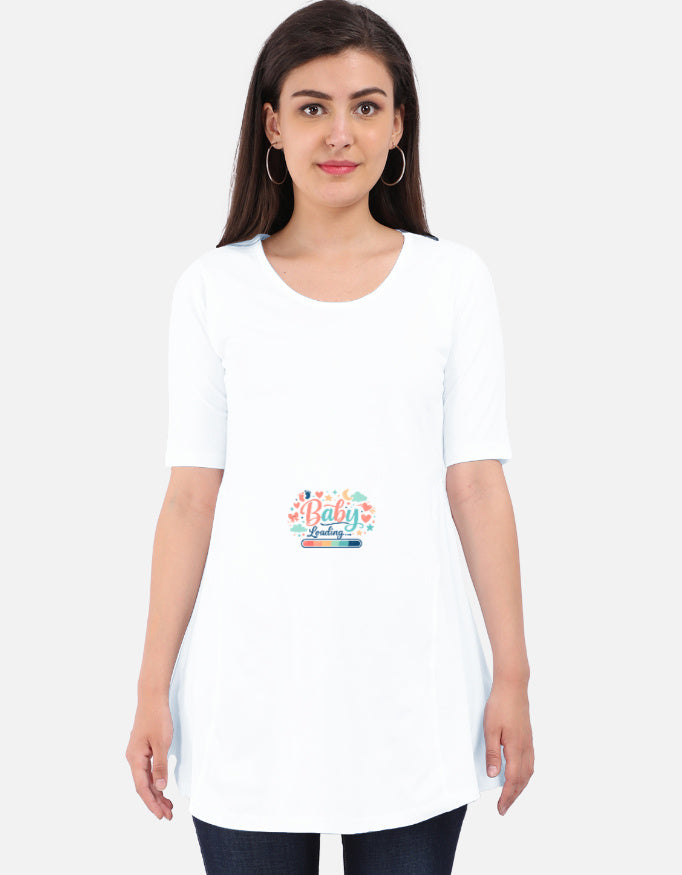 White maternity dress with three-quarter sleeves and 'Baby' announcement graphic on chest