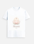White graphic tee with lotus and “Shanti” front print