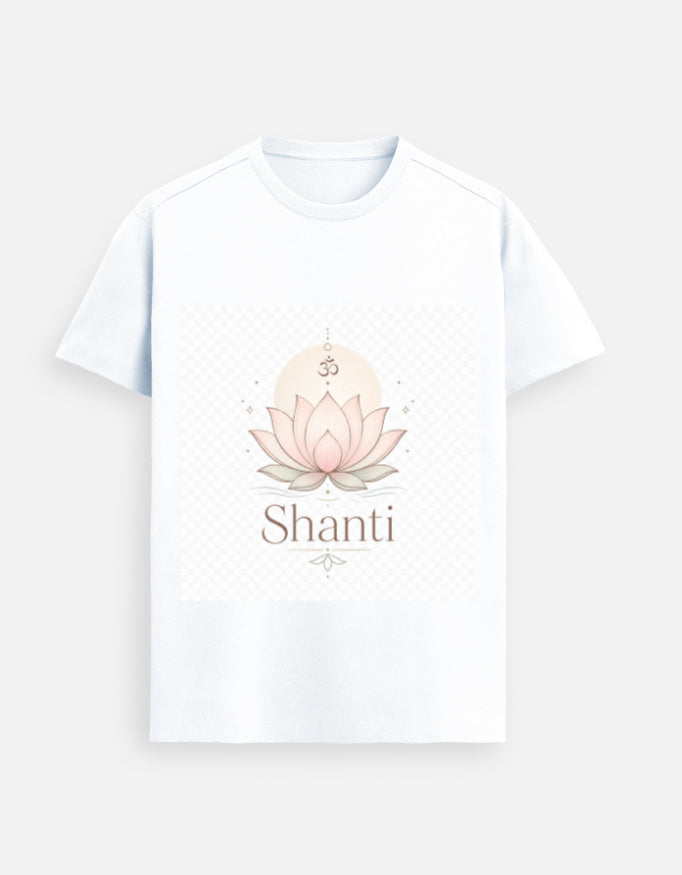 White graphic tee with lotus and “Shanti” front print