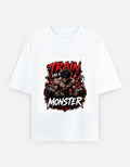 Oversized classic tee in white with front graphic of a monster and train flames.
