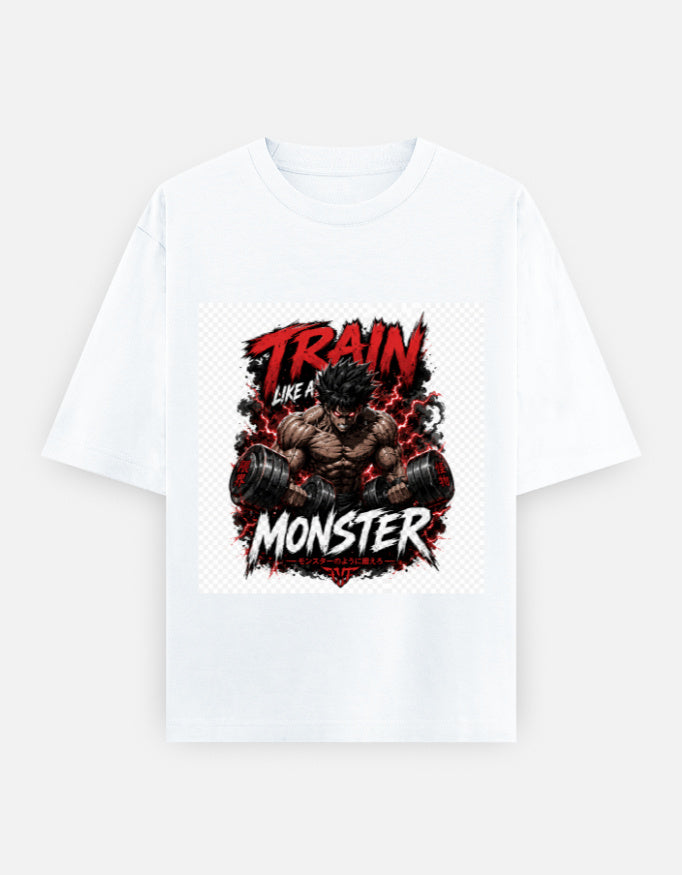 Oversized classic tee in white with front graphic of a monster and train flames.