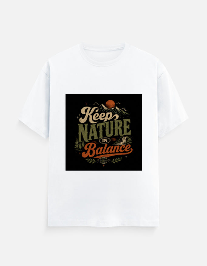White crew neck T-shirt with "Keep Nature Balance" graphic print