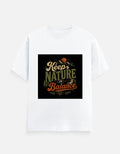 White crew neck T-shirt with "Keep Nature Balance" graphic print
