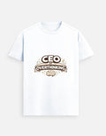 White unisex graphic tee, front print text: “CEO of OVERTHINKING”