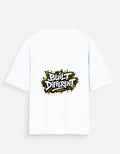 Oversized graphic tee, white crew neck, short sleeves, 'Built Different' logo front