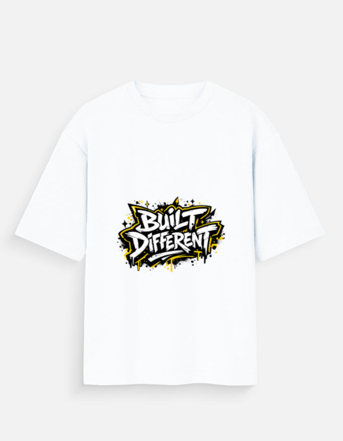 Oversized graphic tee, white crew neck, short sleeves, 'Built Different' logo front