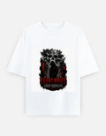 Oversized white classic tee with front graphic print, short sleeves, crew neck