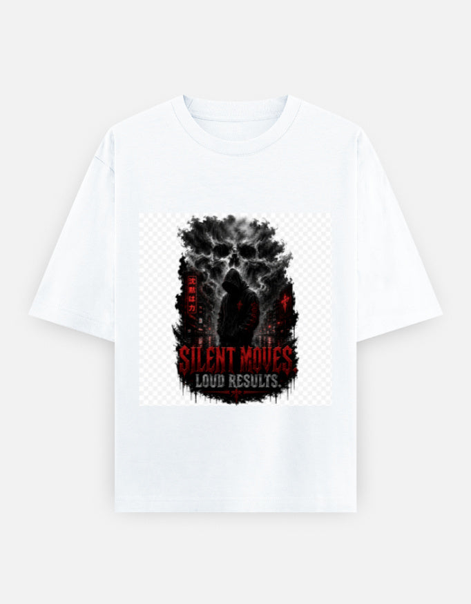 Oversized white classic tee with front graphic print, short sleeves, crew neck