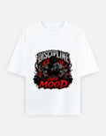 Oversized crewneck graphic tee, white with red and black "Discipline Over Mood" print