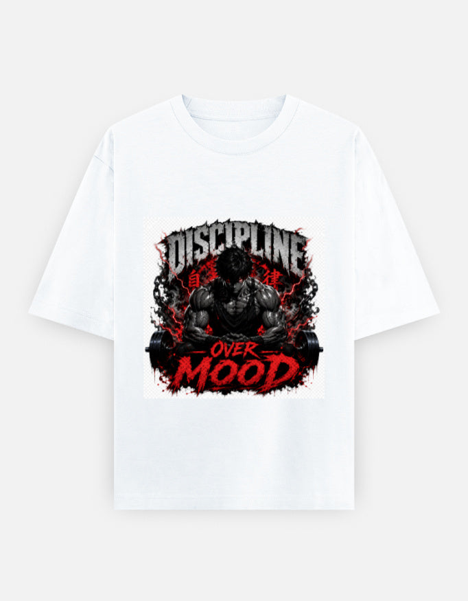 Oversized crewneck graphic tee, white with red and black "Discipline Over Mood" print