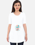 White maternity tee dress with “Baby on the Way” print, three-quarter sleeves