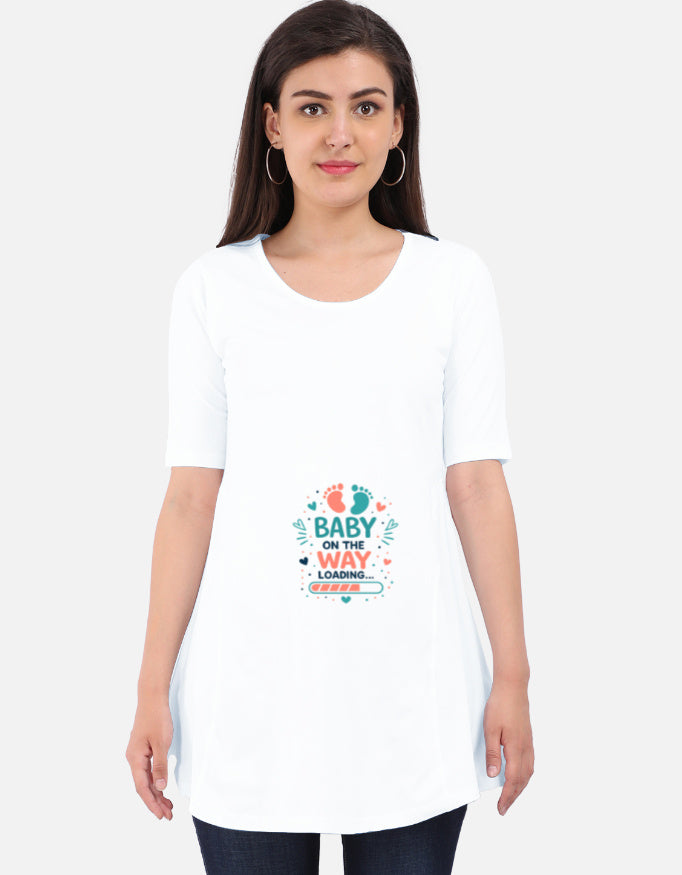 White maternity tee dress with “Baby on the Way” print, three-quarter sleeves
