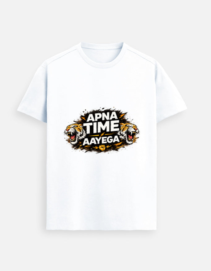 White unisex graphic tee with APNA TIME AAYEGA text and twin tiger face print