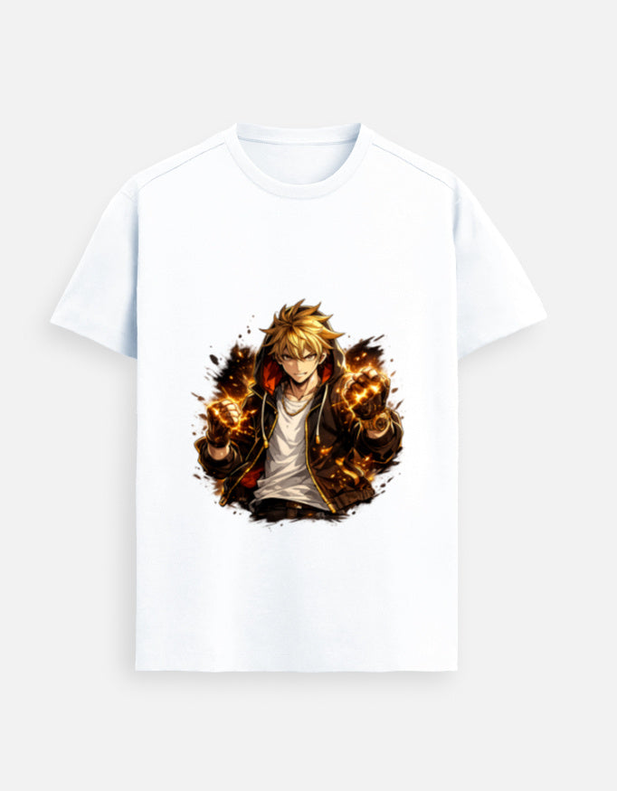 White unisex graphic tee with fiery character print centered on the chest