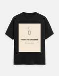 Black crew neck T-shirt with front graphic print and short sleeves.