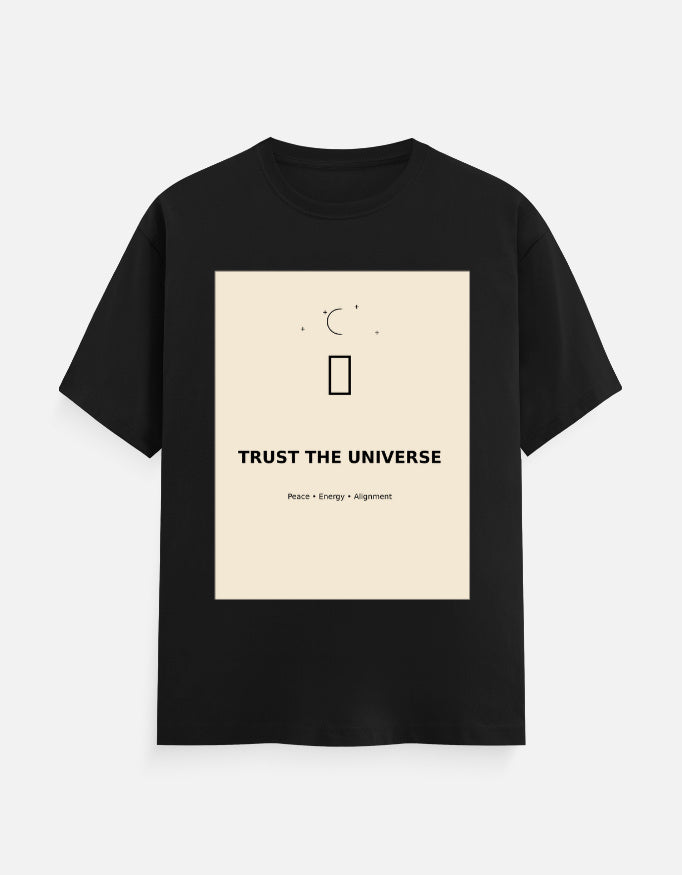 Black crew neck T-shirt with front graphic print and short sleeves.