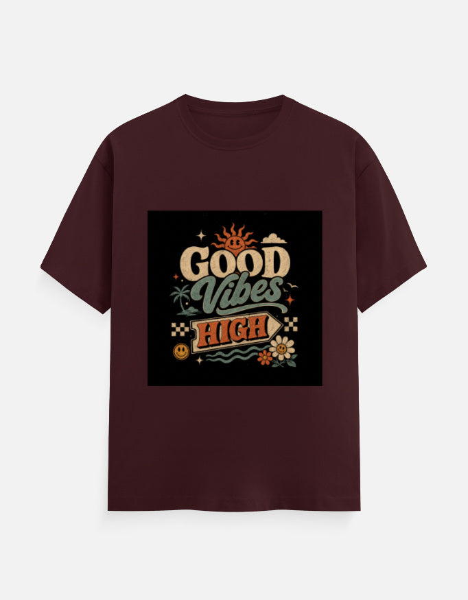 Maroon crew neck T-shirt with "Good Vibes High" graphic print on chest
