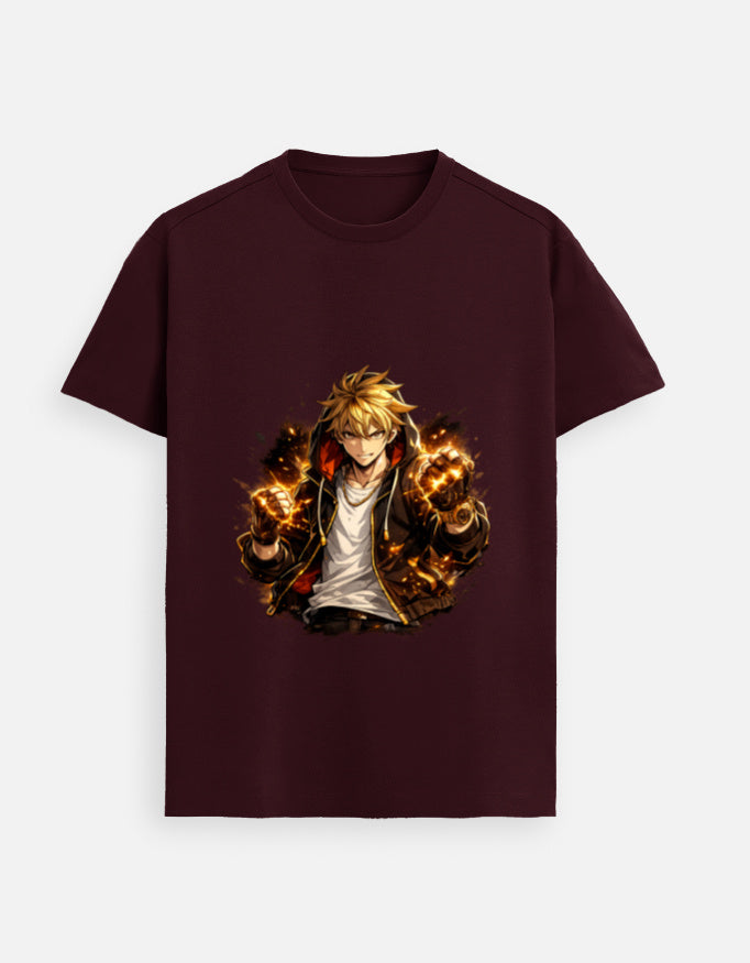 Maroon unisex graphic tee with fiery character print centered on the chest