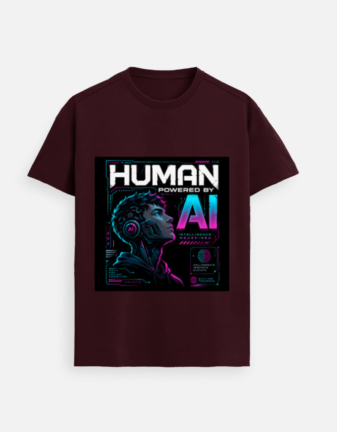Maroon graphic T-shirt with bold square AI-themed front print
