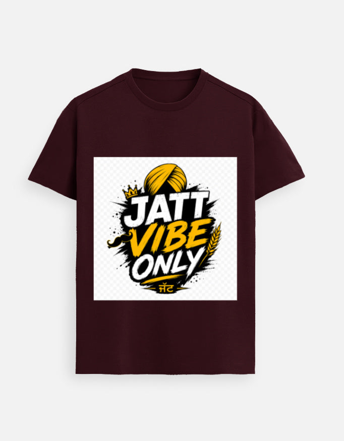 Maroon graphic crewneck T-shirt with “JATT VIBE ONLY” front print in yellow and black