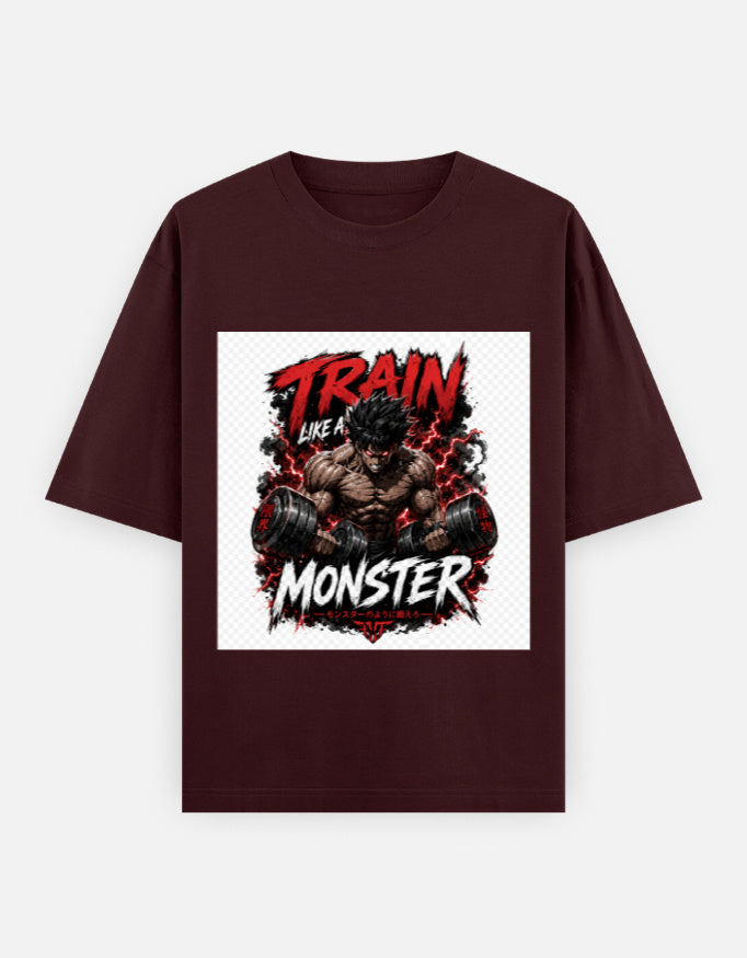 Oversized classic tee in maroon with front graphic of a monster and train flames.
