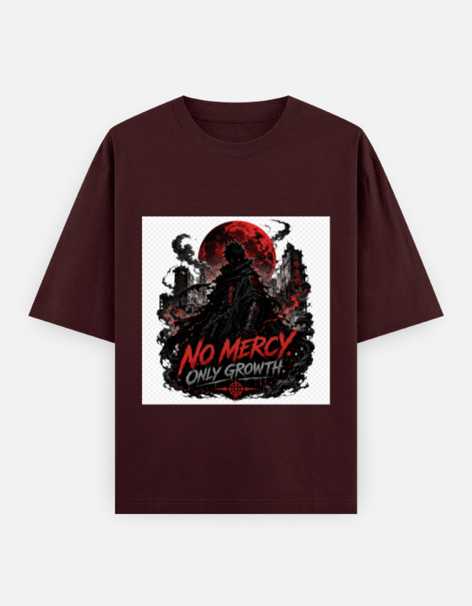 Oversized crew-neck tee, maroon, front “NO MERCY” graphic with red moon and skull