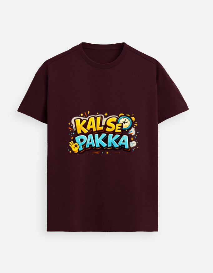 Maroon crew-neck blank tee with front graphic print; short sleeves.