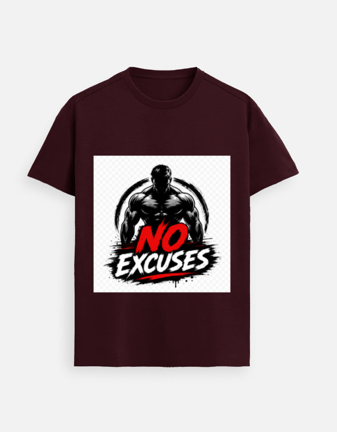 Maroon graphic tee with 'NO EXCUSES' muscular figure print at center front