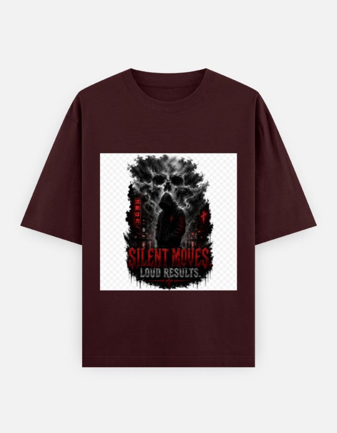 Maroon oversized crewneck tee with front graphic print, short sleeves