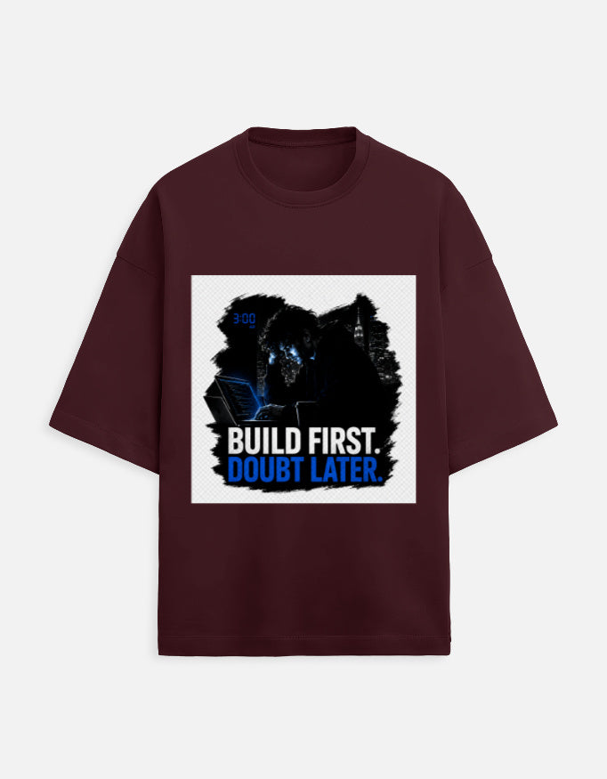 Unisex oversized terry T-shirt in maroon with front graphic print