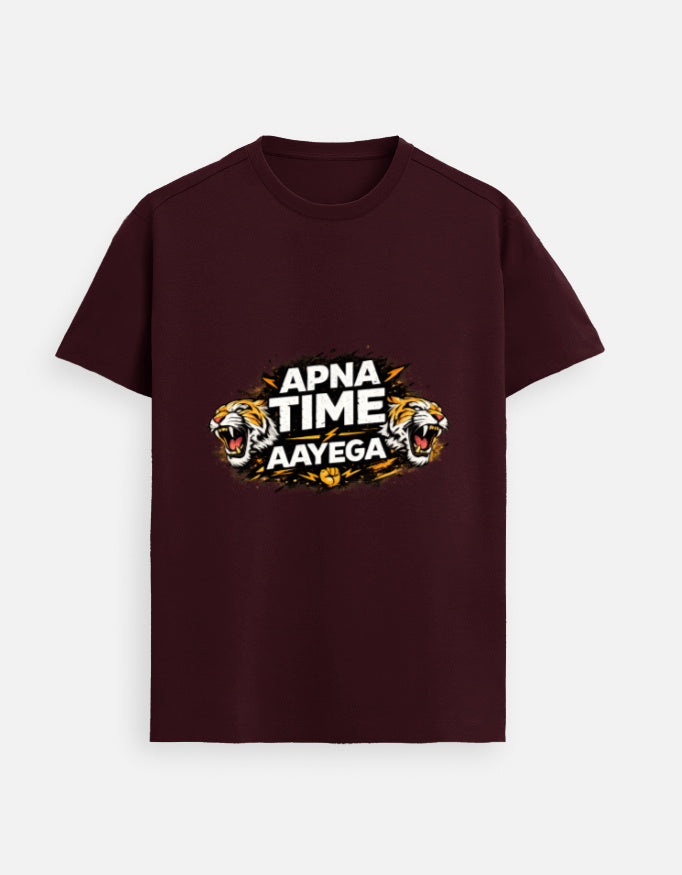 Maroon unisex graphic tee with APNA TIME AAYEGA text and twin tiger face print