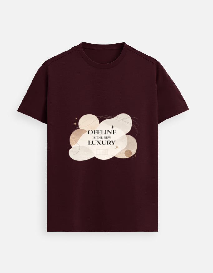 Maroon unisex graphic tee, crew neck; heart-cloud “OFFLINE is the new LUXURY” print