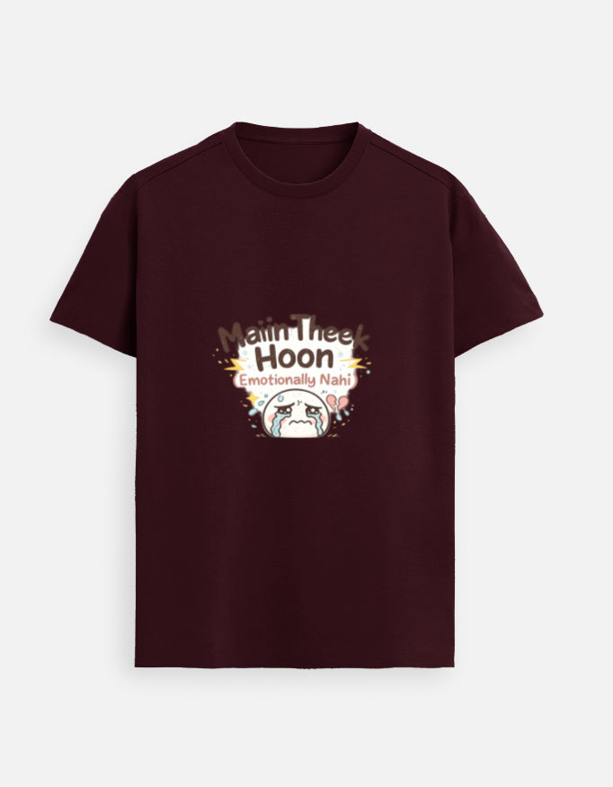 Maroon crewneck T-shirt with front graphic text and cute character illustration.