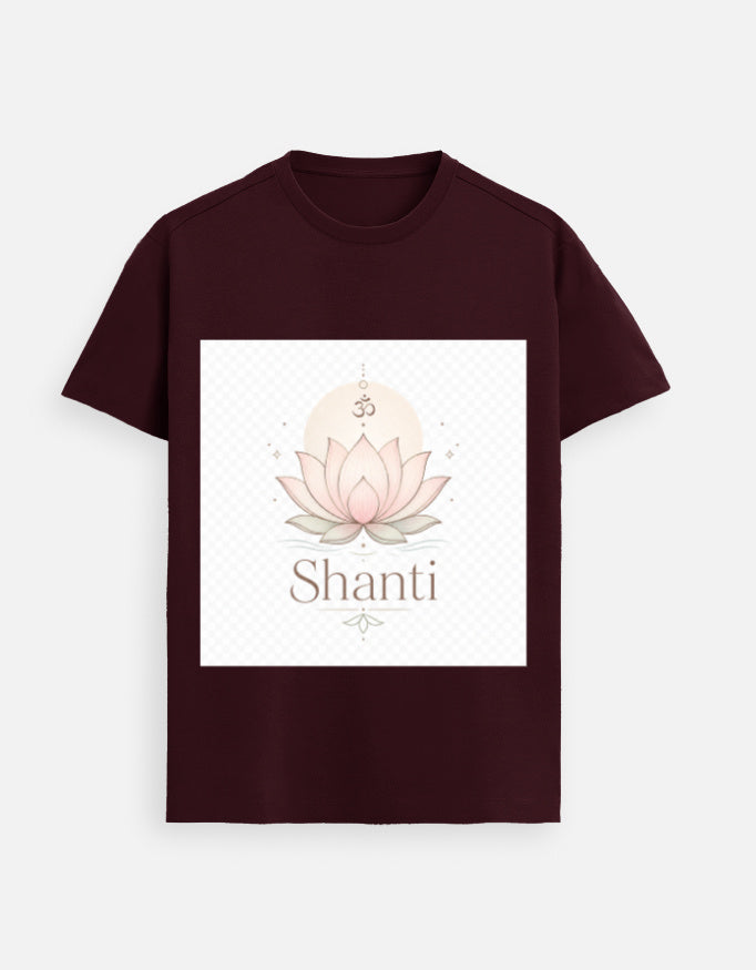 Maroon graphic tee with lotus and “Shanti” front print